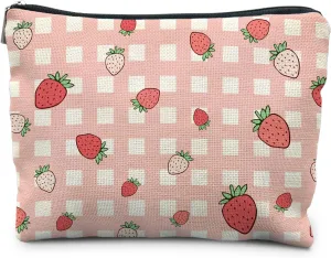 Strawberry Makeup Bag - Pink Checkered Cosmetic Pouch, Preppy Cute Girls' Accessory, Strawberry Lover Gift