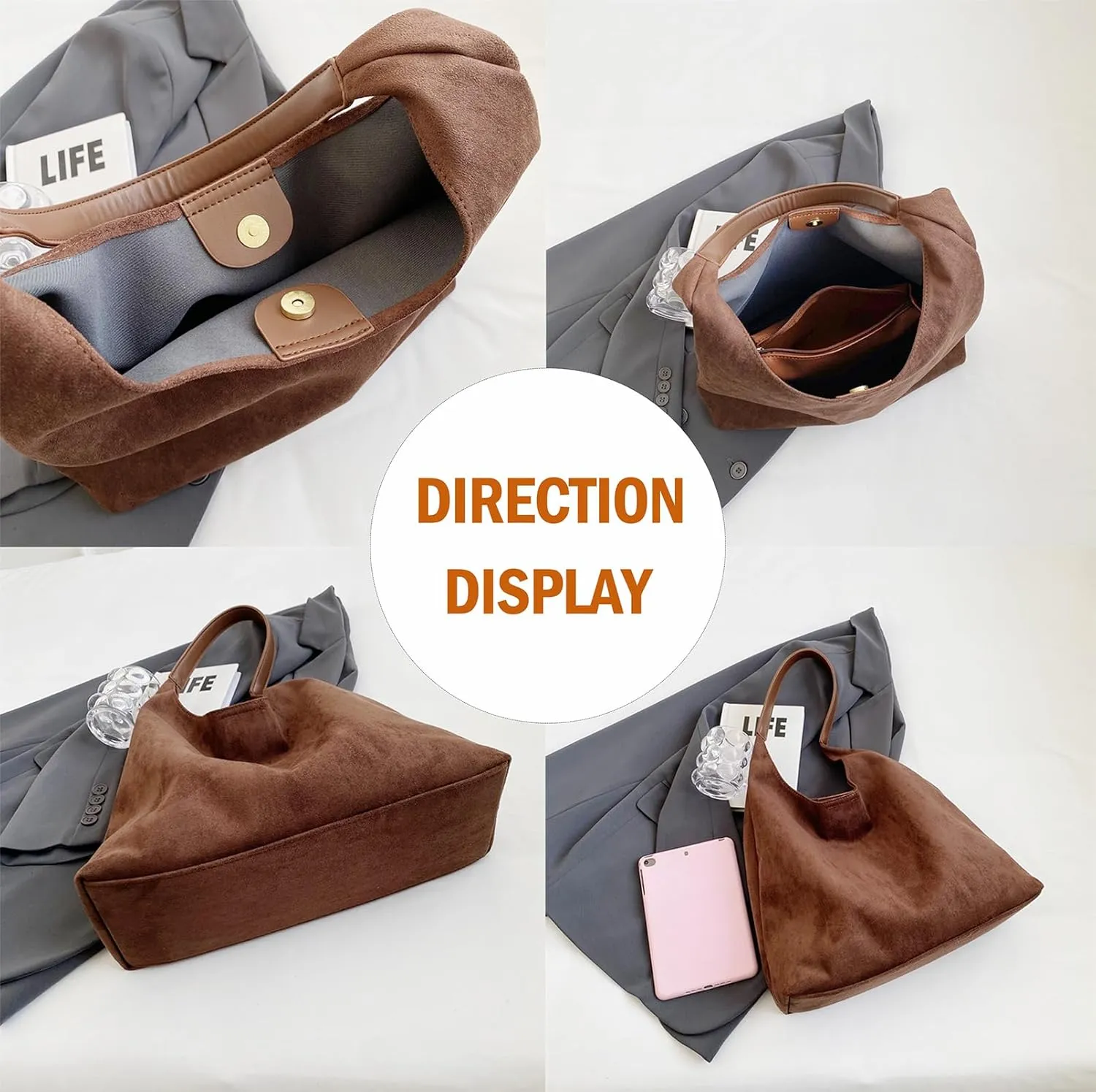Suede Bag for Women Brown Suede Bag Large Suede Handbags Leisure Suede Hobo Bag for Work Travel Shopping