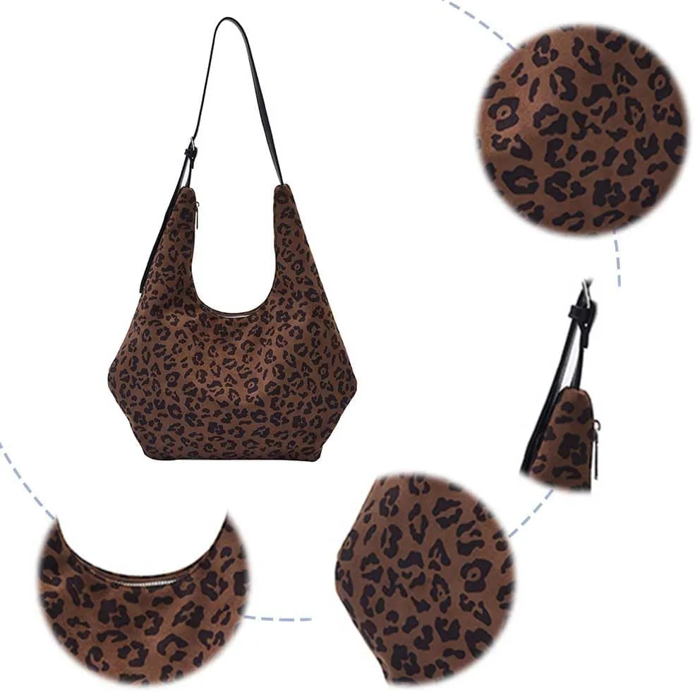 Suede Hobo Bags for Women Slouchy Bag Suede Purse Large Capacity Leopard Print Suede Crescent Bag for Travel Work