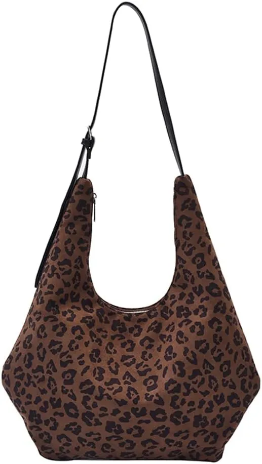 Suede Hobo Bags for Women Slouchy Bag Suede Purse Large Capacity Leopard Print Suede Crescent Bag for Travel Work