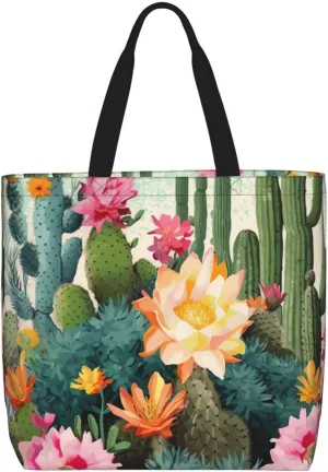 Summer Floral Cactus Tote Bag for Women Hobo Handbags with Zipper Large Shoulder Bag Shopping Bags Travel Purse