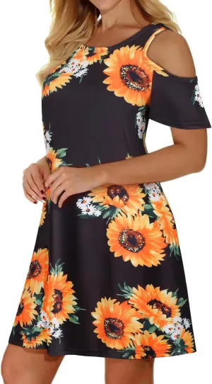 Tanst Sky Women Cold Shoulder Dress Floral Printed Short Sleeve Sundress with Pocket