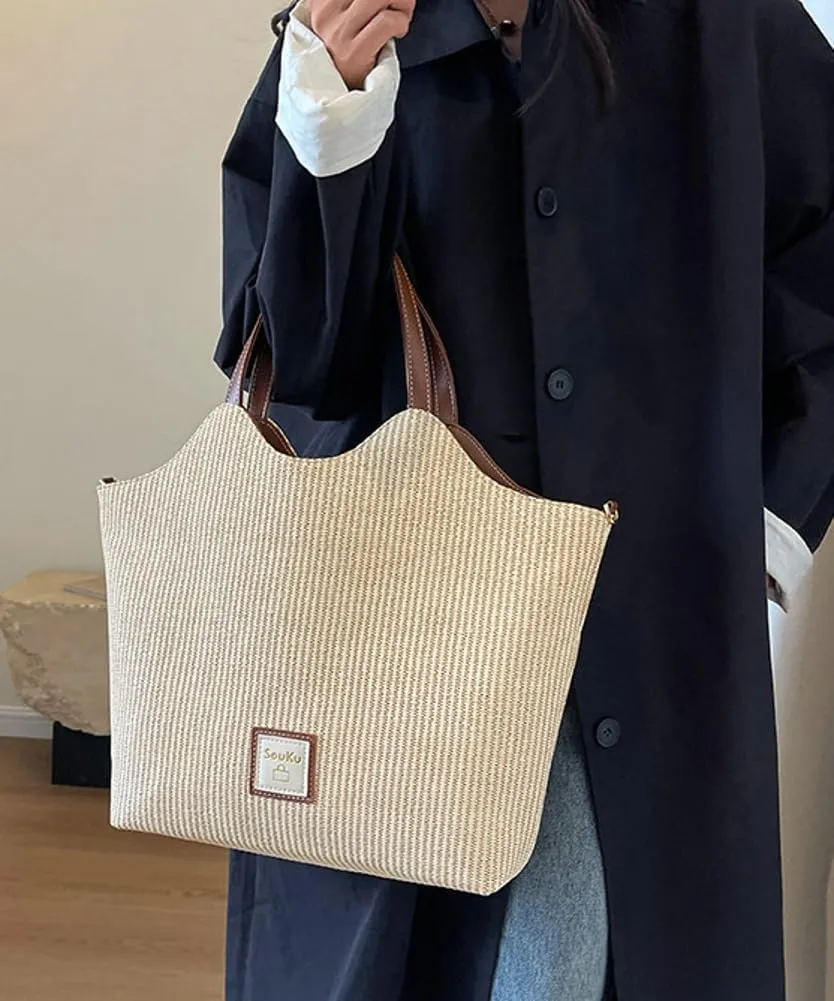 Tote Bag for Women Straw Hobo Bags Casual Woven Handbag PU Leather Shoulder Bag Large Casual