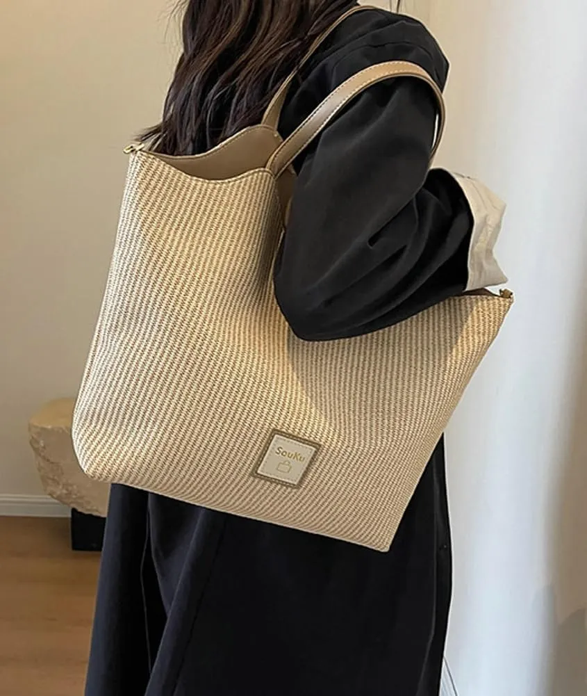 Tote Bag for Women Straw Hobo Bags Casual Woven Handbag PU Leather Shoulder Bag Large Casual