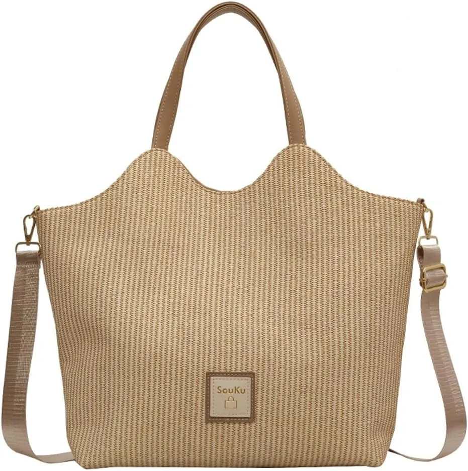 Tote Bag for Women Straw Hobo Bags Casual Woven Handbag PU Leather Shoulder Bag Large Casual