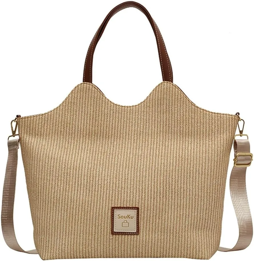 Tote Bag for Women Straw Hobo Bags Casual Woven Handbag PU Leather Shoulder Bag Large Casual