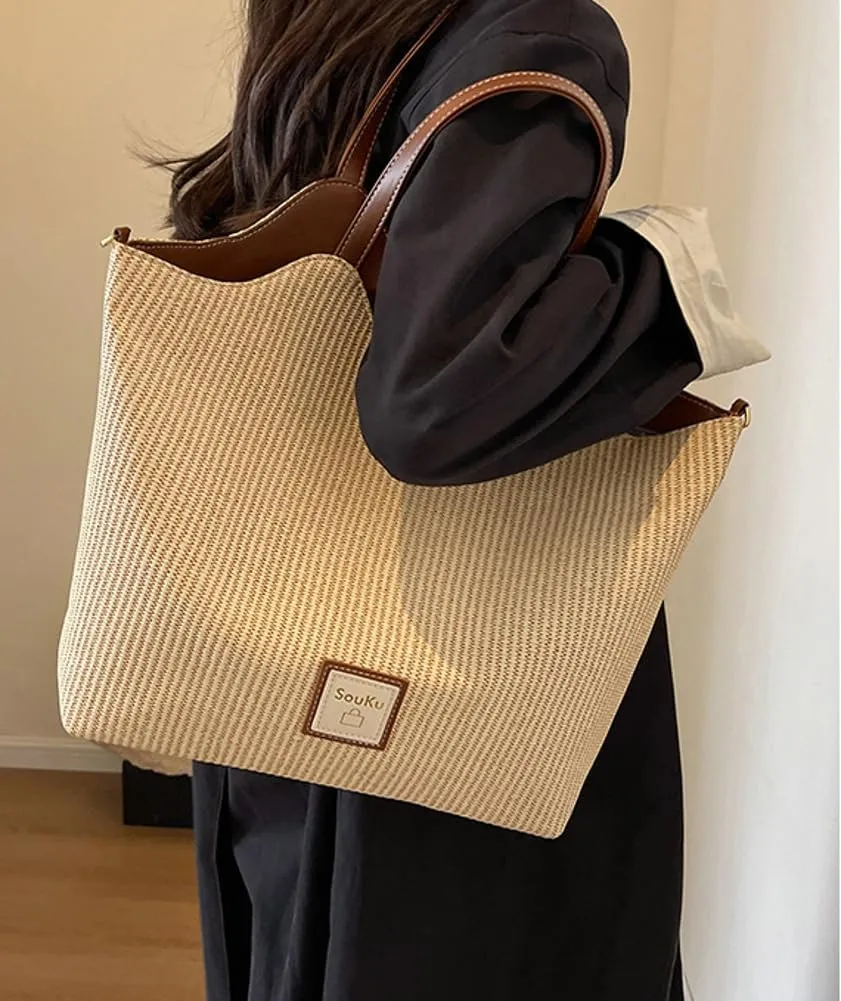 Tote Bag for Women Straw Hobo Bags Casual Woven Handbag PU Leather Shoulder Bag Large Casual