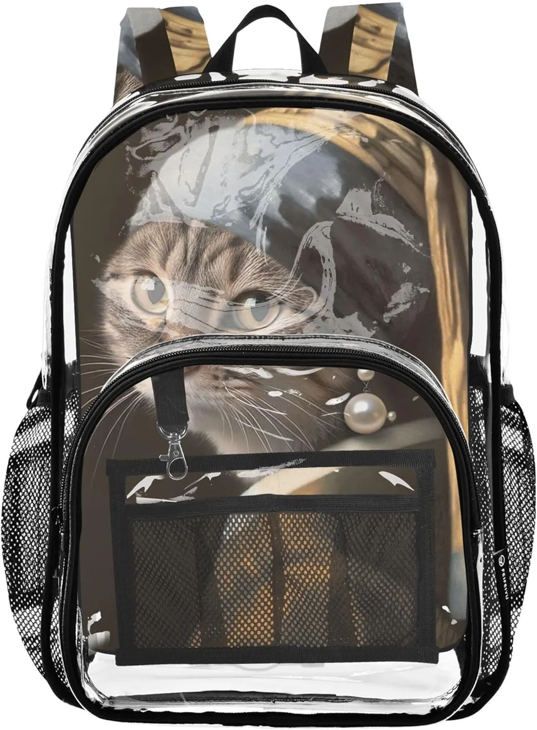 Travel Clear Bags for Women Funny Cat with Pearl Earring Girls Backpack for Kids Large Transparent School
