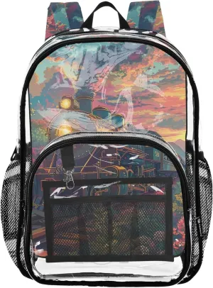 Travel Clear Bags for Women Spring Train Scenery Girls Backpack for Kids School Clear Shoulder Bag