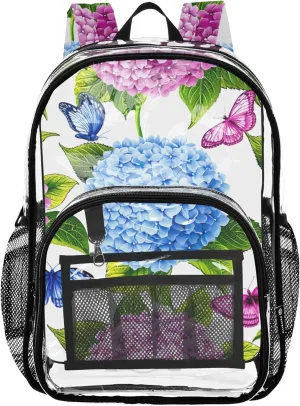 Travel Clear Bags for Women Vibrant Butterfly Hydrangea Blue Boys Backpacks for Girls Pvc School Plastic Bookbag
