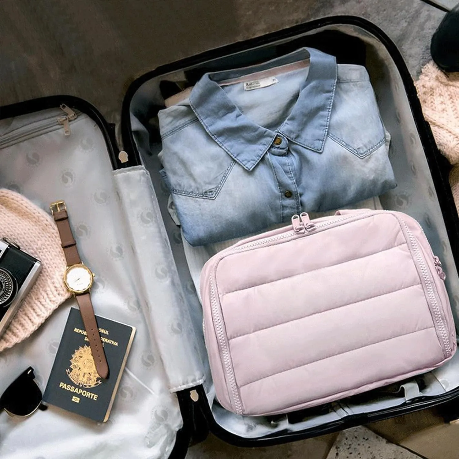Travel Cosmetic Bag, Large Capacity Wide-Open Travel Cosmetic Bag, Traveling Toiletry Bags For Women, Lightweight Makeup Organizer For Essentials, Toiletries (EE)