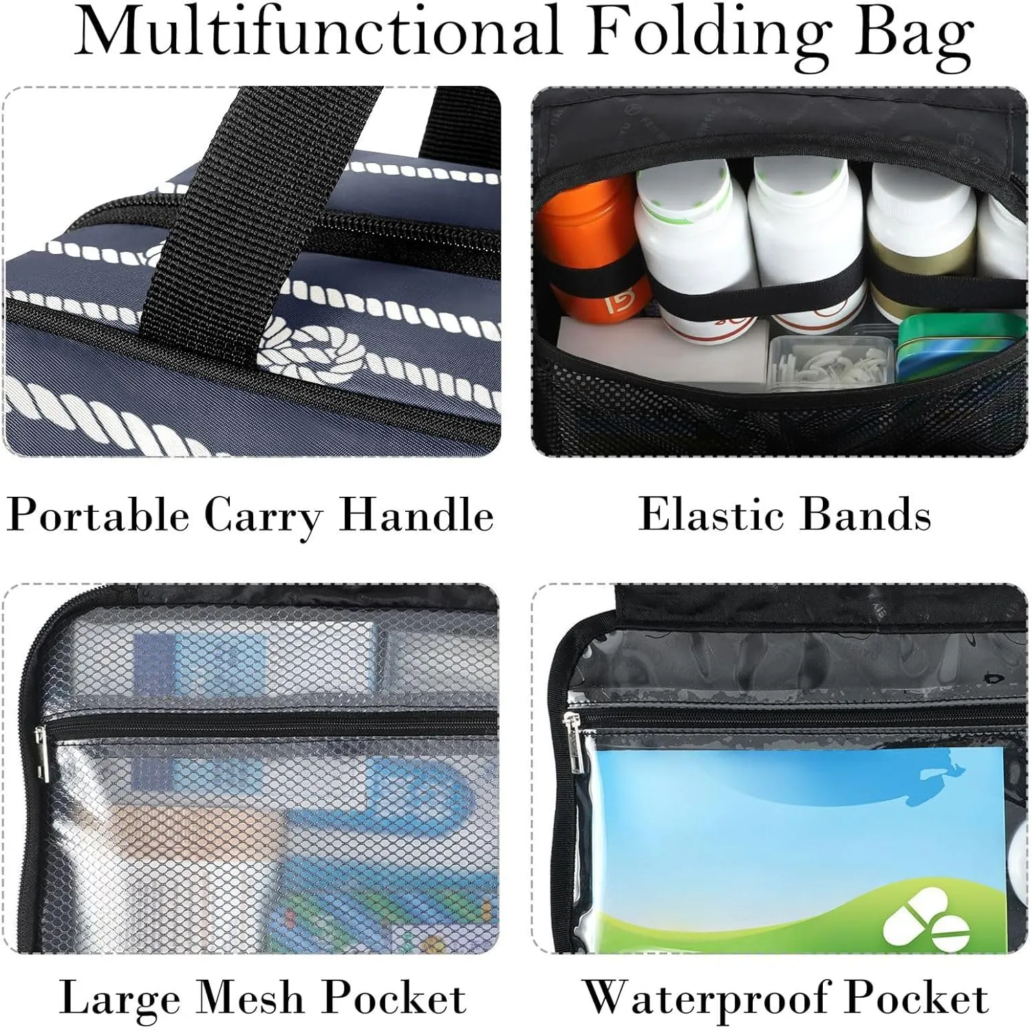 Travel Toiletry Bag for Woman/Men, Beige Nautical Rope and Navy Blue Hanging Organizer Bag with Pockets Portable Folding Travel Case Bags for Makeup Cosmetic Toiletries Storage Traveling-L