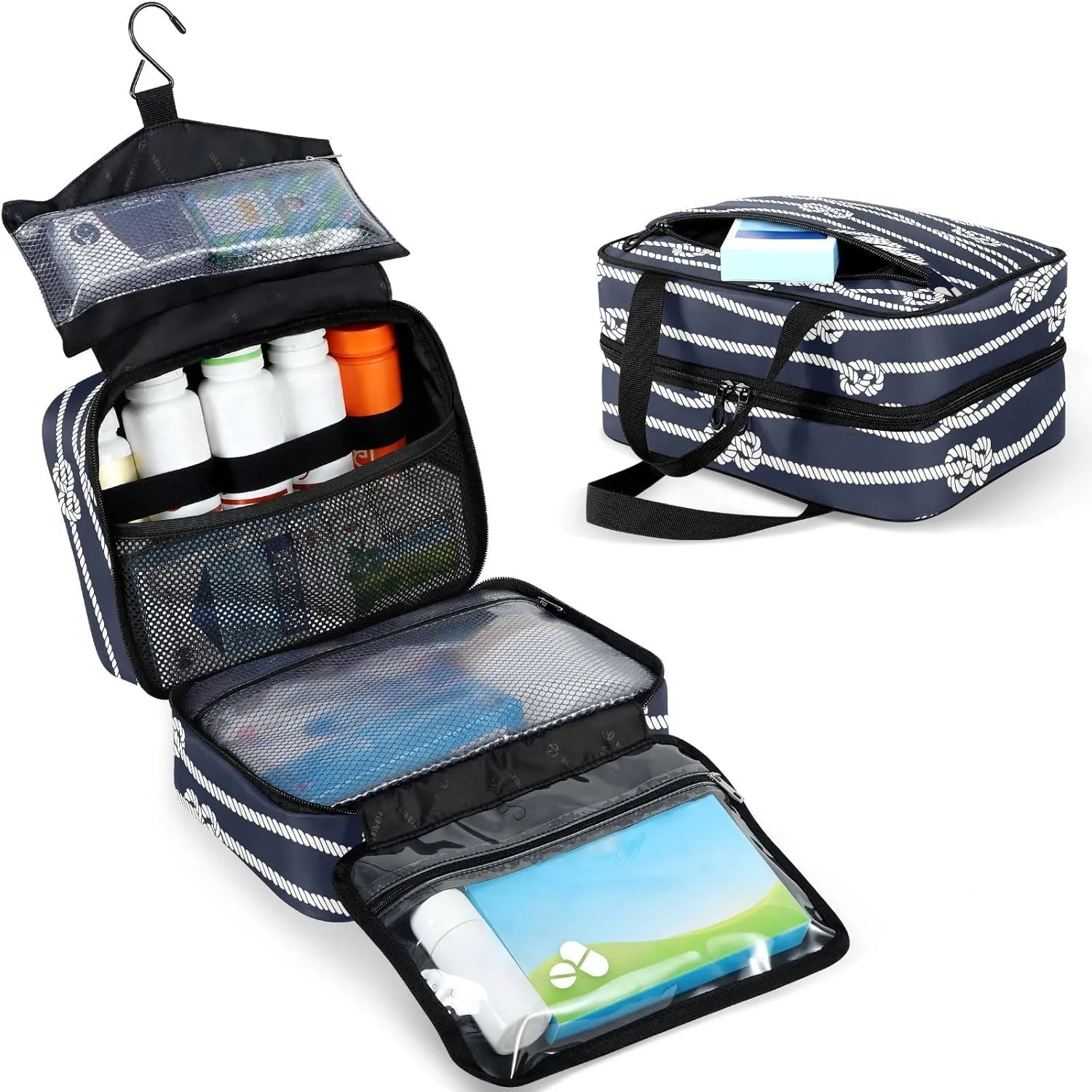 Travel Toiletry Bag for Woman/Men, Beige Nautical Rope and Navy Blue Hanging Organizer Bag with Pockets Portable Folding Travel Case Bags for Makeup Cosmetic Toiletries Storage Traveling-L