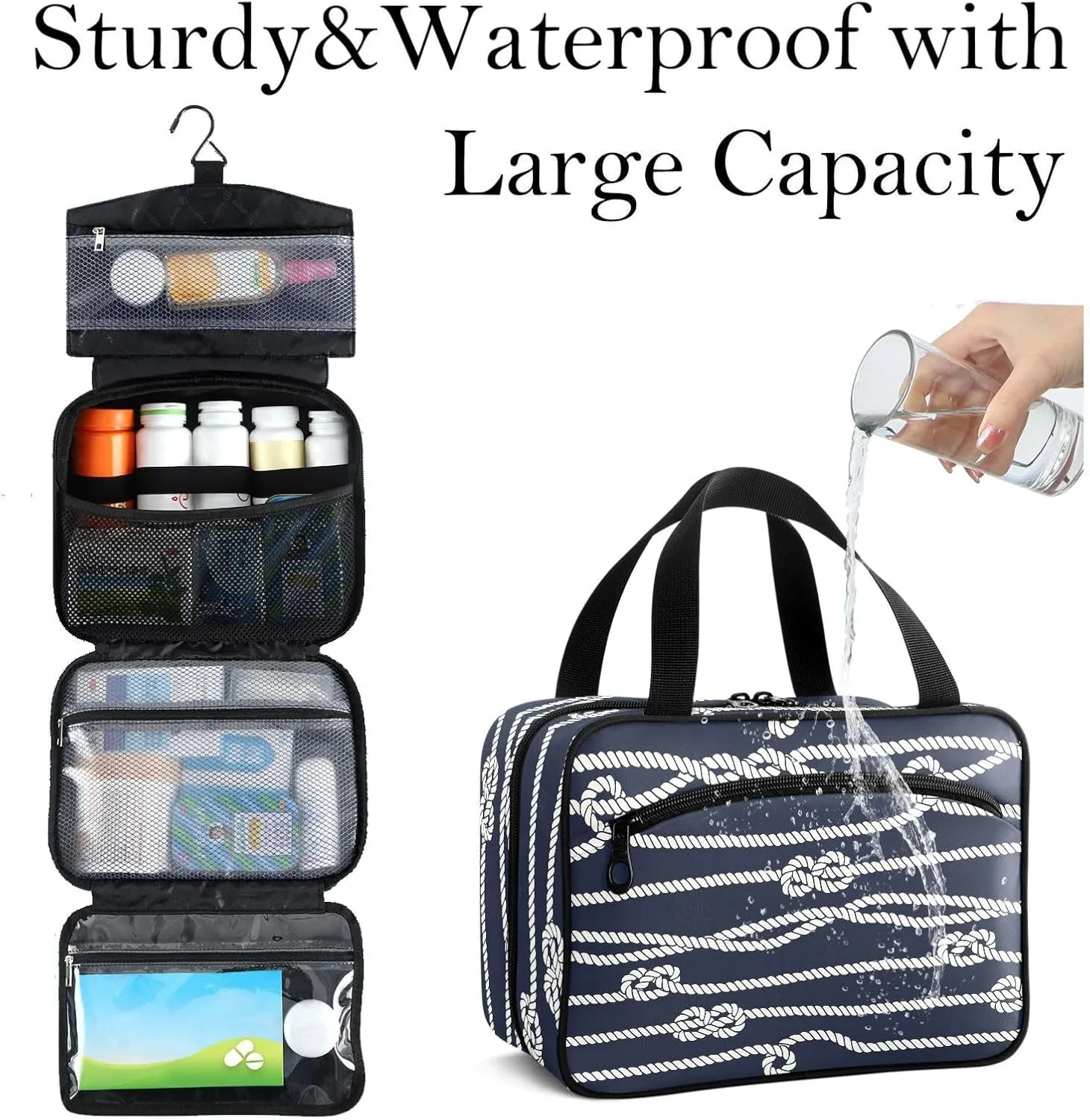 Travel Toiletry Bag for Woman/Men, Beige Nautical Rope and Navy Blue Hanging Organizer Bag with Pockets Portable Folding Travel Case Bags for Makeup Cosmetic Toiletries Storage Traveling-L