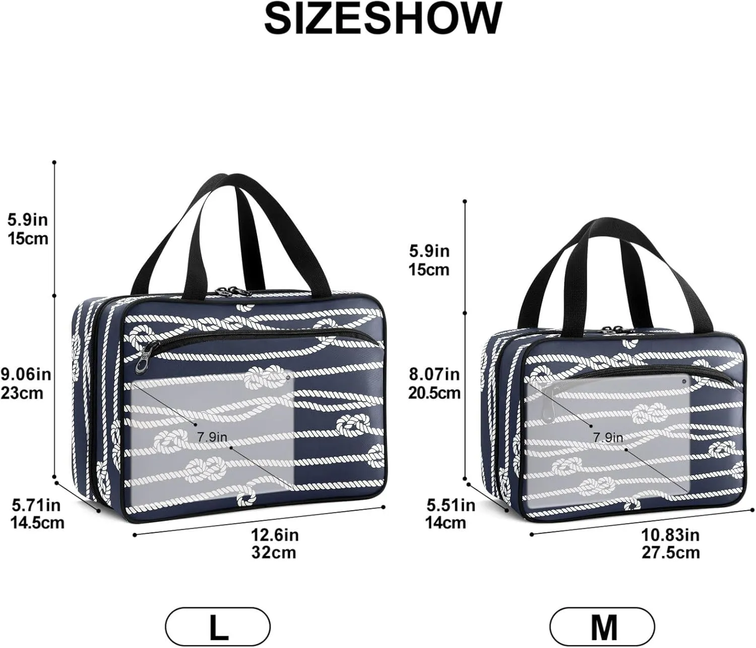 Travel Toiletry Bag for Woman/Men, Beige Nautical Rope and Navy Blue Hanging Organizer Bag with Pockets Portable Folding Travel Case Bags for Makeup Cosmetic Toiletries Storage Traveling-L