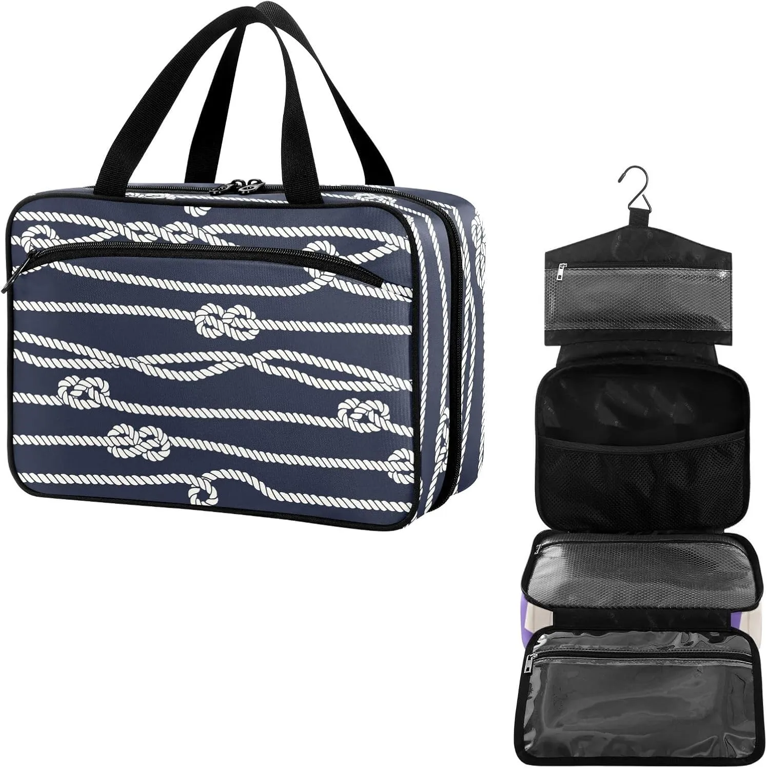 Travel Toiletry Bag for Woman/Men, Beige Nautical Rope and Navy Blue Hanging Organizer Bag with Pockets Portable Folding Travel Case Bags for Makeup Cosmetic Toiletries Storage Traveling-L