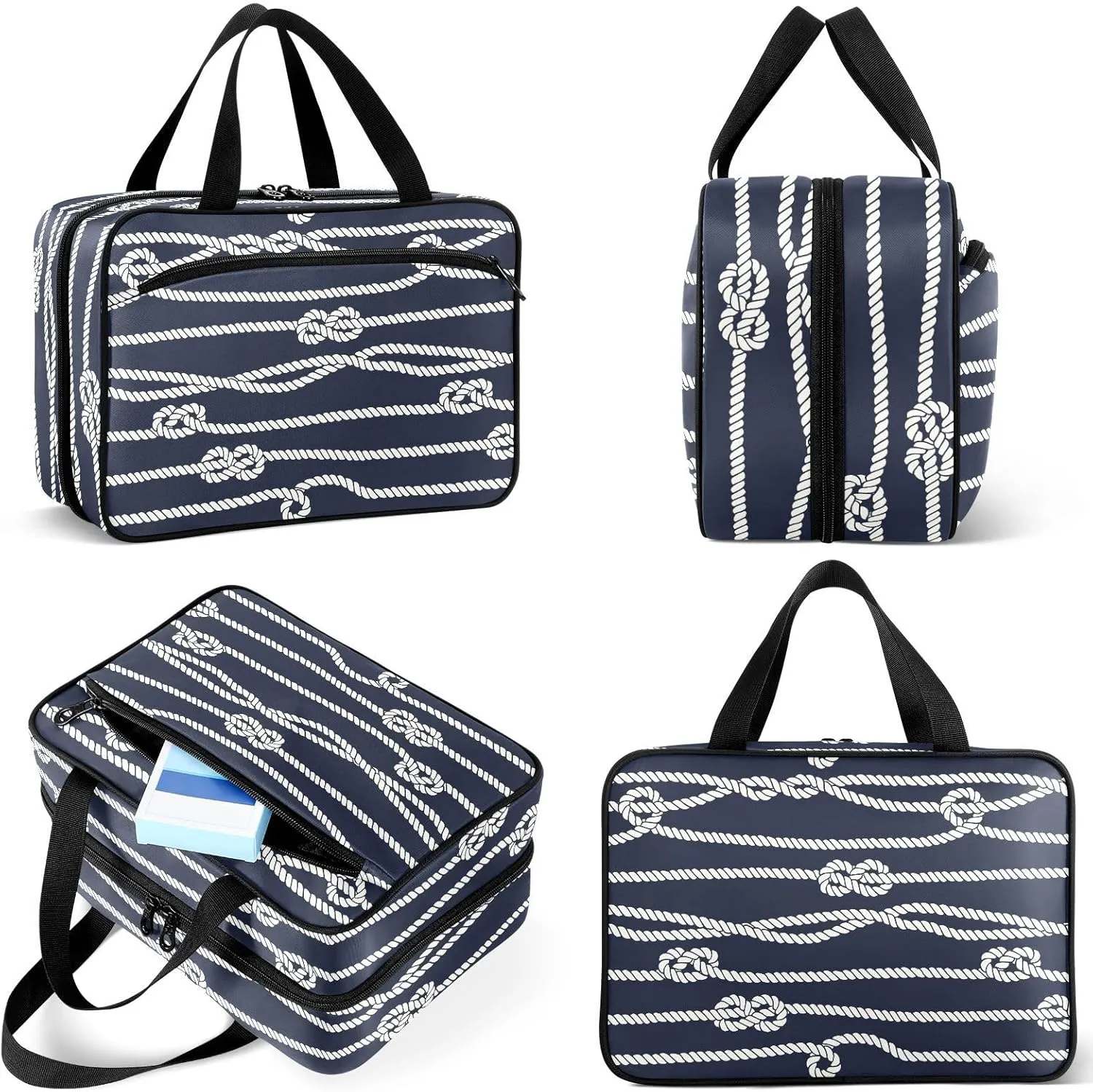 Travel Toiletry Bag for Woman/Men, Beige Nautical Rope and Navy Blue Hanging Organizer Bag with Pockets Portable Folding Travel Case Bags for Makeup Cosmetic Toiletries Storage Traveling-L