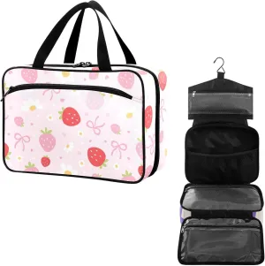 Travel Toiletry Bag for Woman/Men, Bow Floral Cute Pink Strawberry Hanging Organizer Bag with Pockets Portable Folding Travel Case Bags for Makeup Cosmetic Toiletries Storage Traveling-M