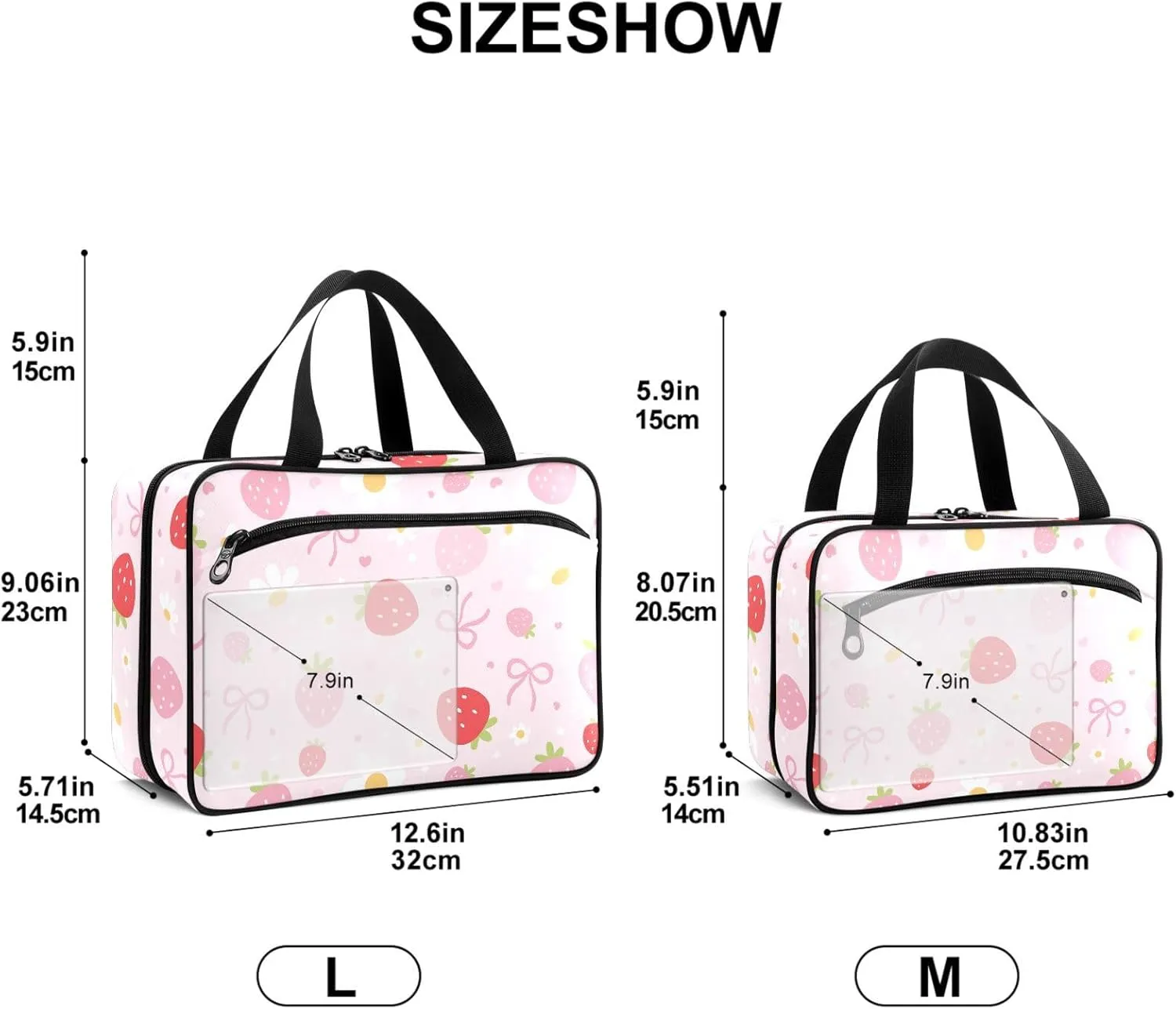 Travel Toiletry Bag for Woman/Men, Bow Floral Cute Pink Strawberry Hanging Organizer Bag with Pockets Portable Folding Travel Case Bags for Makeup Cosmetic Toiletries Storage Traveling-M