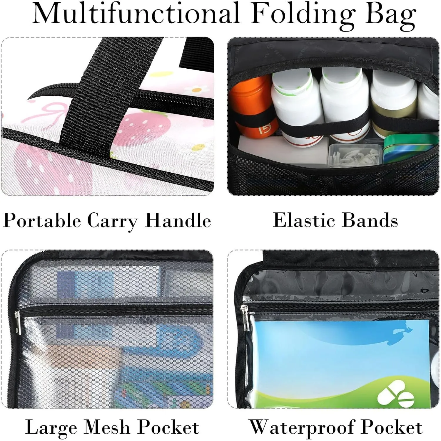 Travel Toiletry Bag for Woman/Men, Bow Floral Cute Pink Strawberry Hanging Organizer Bag with Pockets Portable Folding Travel Case Bags for Makeup Cosmetic Toiletries Storage Traveling-M
