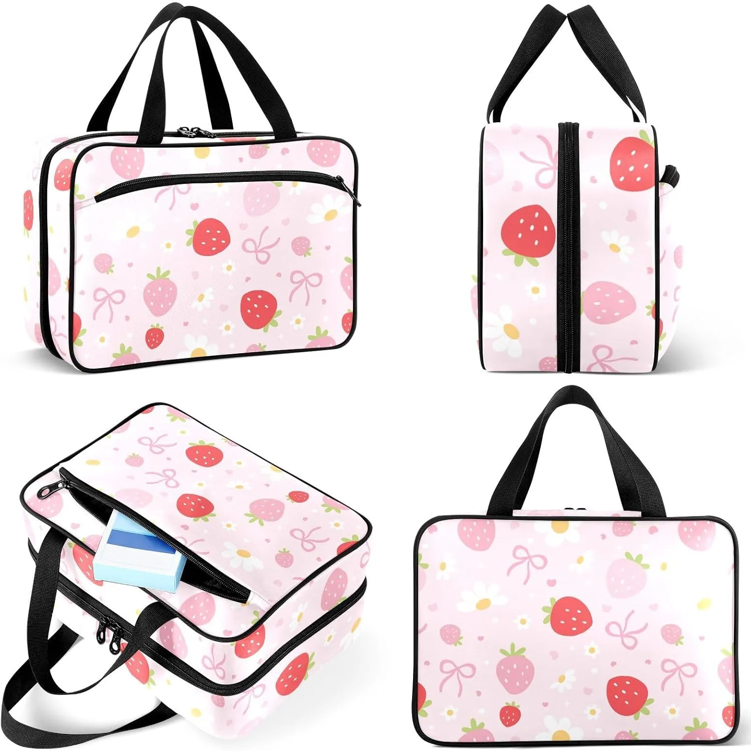 Travel Toiletry Bag for Woman/Men, Bow Floral Cute Pink Strawberry Hanging Organizer Bag with Pockets Portable Folding Travel Case Bags for Makeup Cosmetic Toiletries Storage Traveling-M