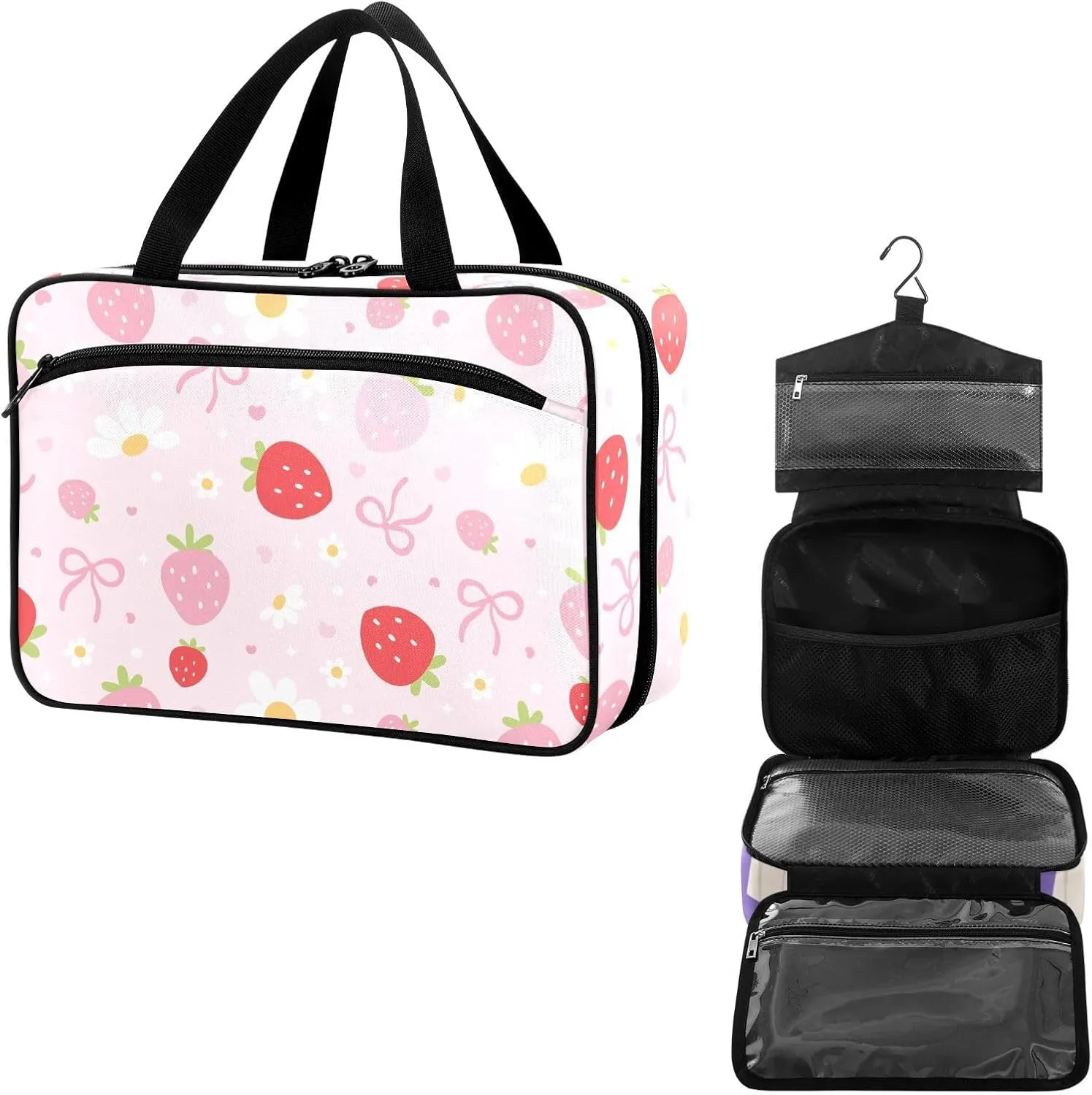 Travel Toiletry Bag for Woman/Men, Bow Floral Cute Pink Strawberry Hanging Organizer Bag with Pockets Portable Folding Travel Case Bags for Makeup Cosmetic Toiletries Storage Traveling-M