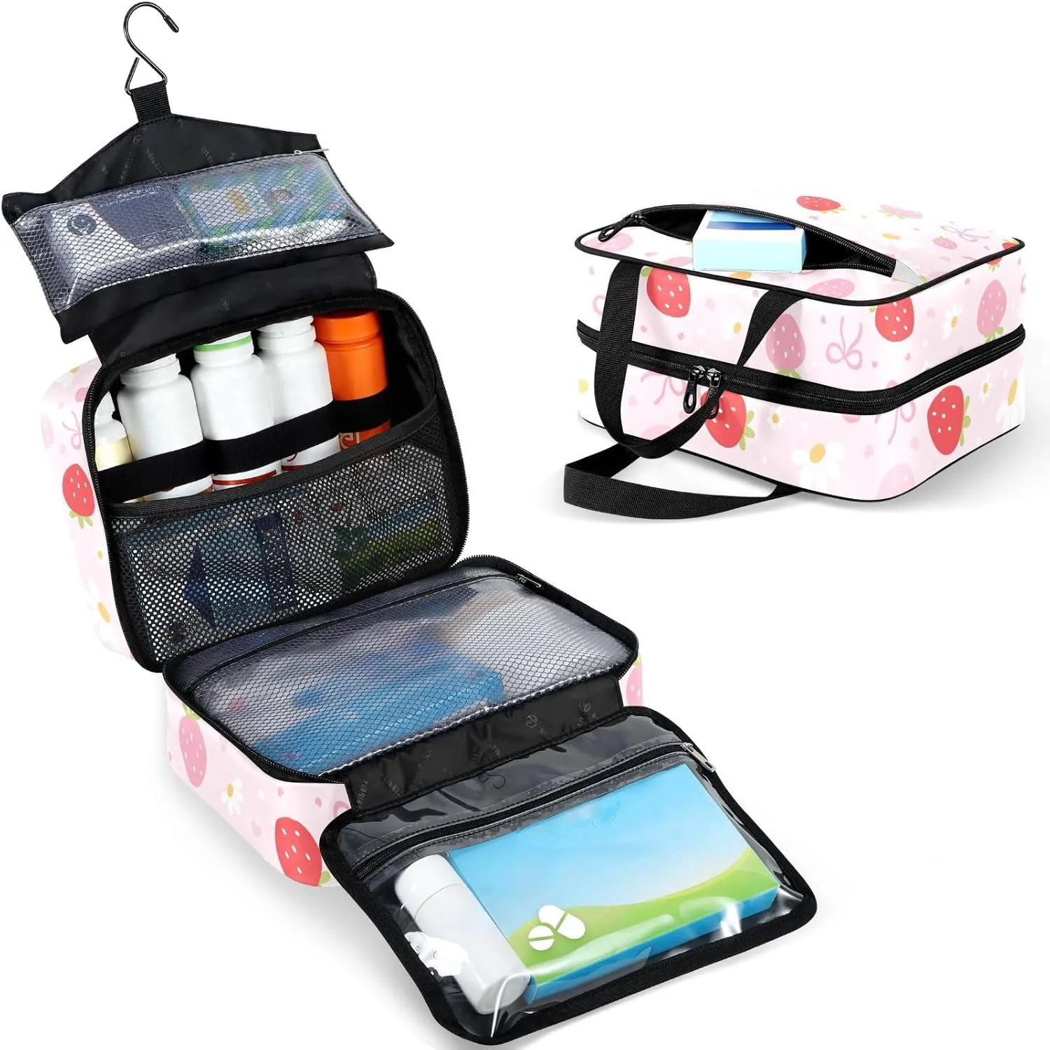 Travel Toiletry Bag for Woman/Men, Bow Floral Cute Pink Strawberry Hanging Organizer Bag with Pockets Portable Folding Travel Case Bags for Makeup Cosmetic Toiletries Storage Traveling-M