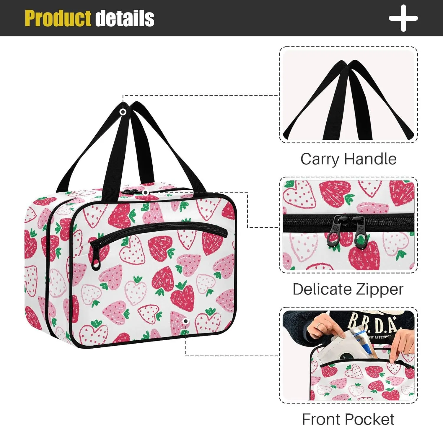 Travel Toiletry Bag for Woman/Men, Cute Heart Shaped Strawberry Hanging Organizer Bag with Pockets Portable Folding Travel Case Bags for Makeup Cosmetic Toiletries Storage Traveling-M
