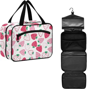 Travel Toiletry Bag for Woman/Men, Cute Heart Shaped Strawberry Hanging Organizer Bag with Pockets Portable Folding Travel Case Bags for Makeup Cosmetic Toiletries Storage Traveling-M