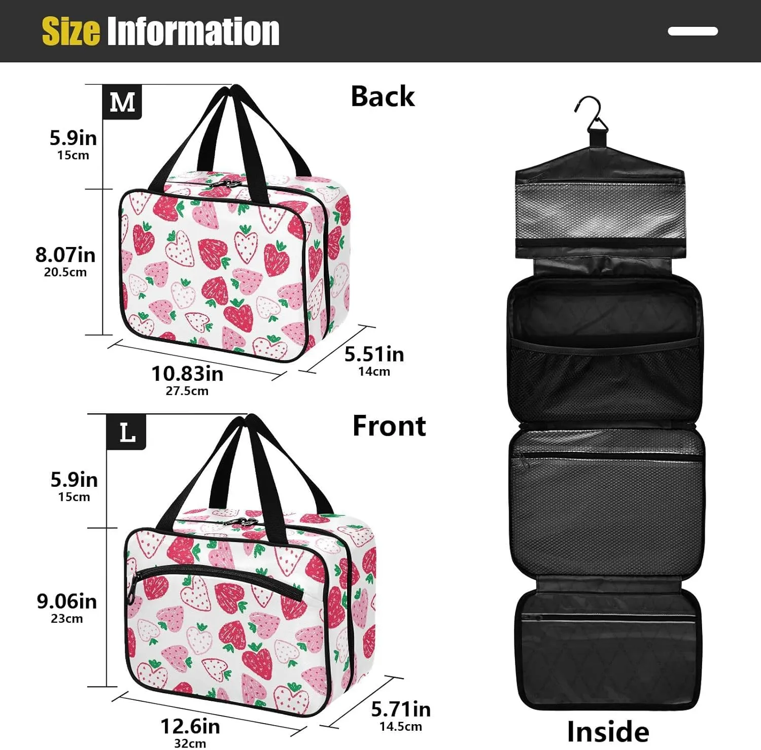 Travel Toiletry Bag for Woman/Men, Cute Heart Shaped Strawberry Hanging Organizer Bag with Pockets Portable Folding Travel Case Bags for Makeup Cosmetic Toiletries Storage Traveling-M