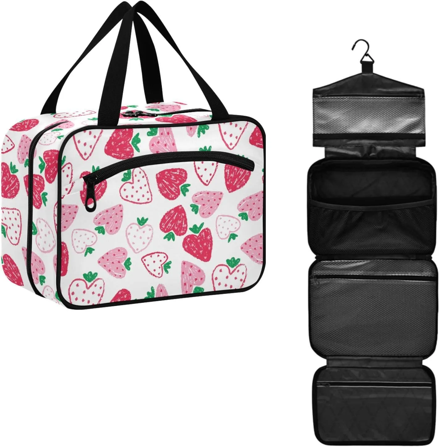 Travel Toiletry Bag for Woman/Men, Cute Heart Shaped Strawberry Hanging Organizer Bag with Pockets Portable Folding Travel Case Bags for Makeup Cosmetic Toiletries Storage Traveling-M