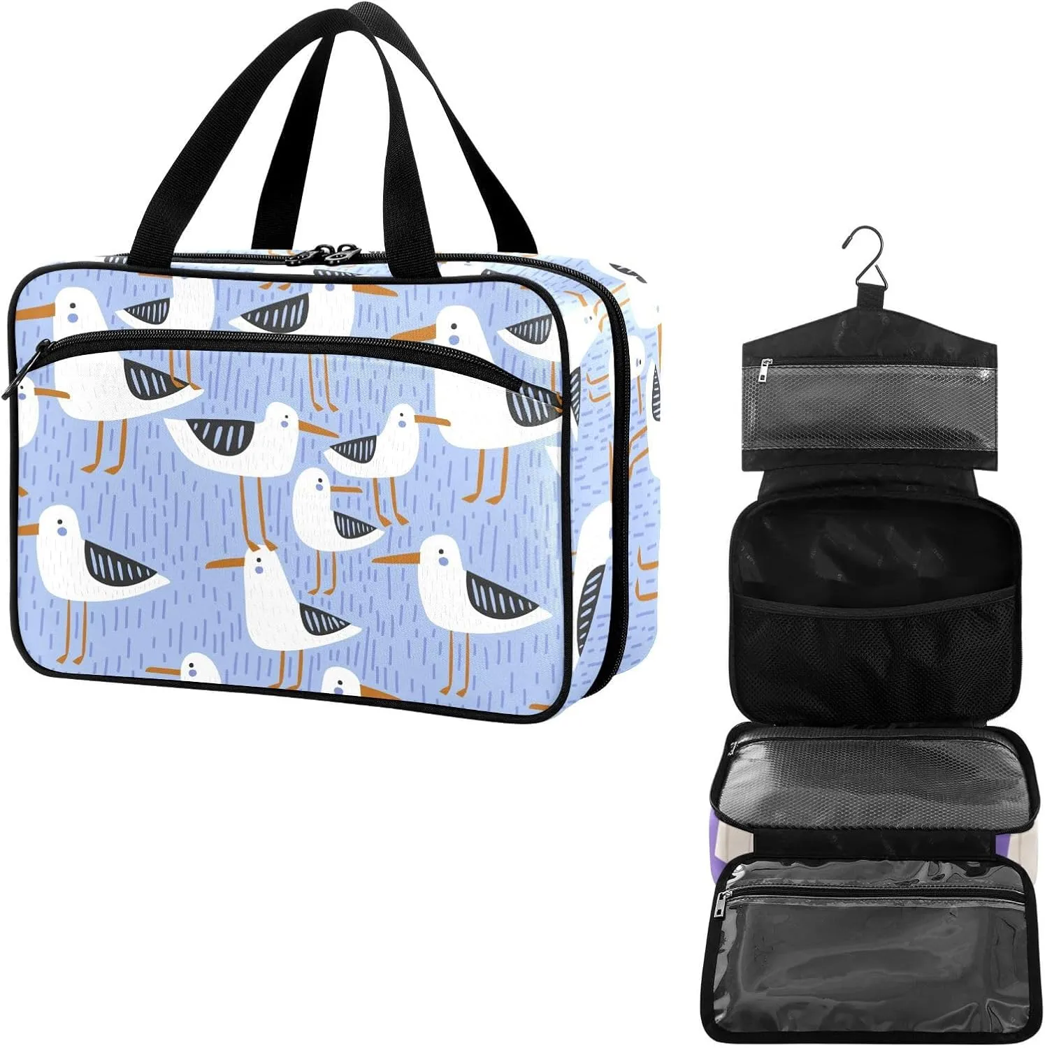 Travel Toiletry Bag for Woman/Men, Hand Drawn Seagull Cute Seabird Hanging Organizer Bag with Pockets Portable Folding Travel Case Bags for Makeup Cosmetic Toiletries Storage Traveling-M
