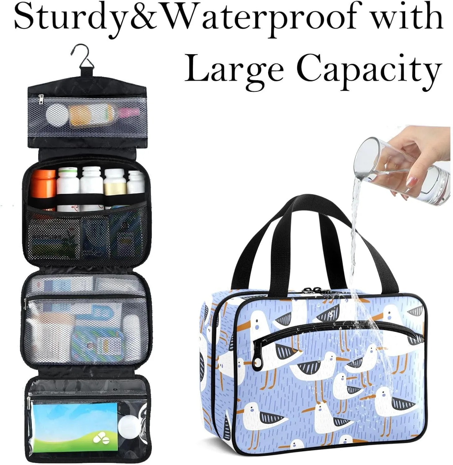 Travel Toiletry Bag for Woman/Men, Hand Drawn Seagull Cute Seabird Hanging Organizer Bag with Pockets Portable Folding Travel Case Bags for Makeup Cosmetic Toiletries Storage Traveling-M