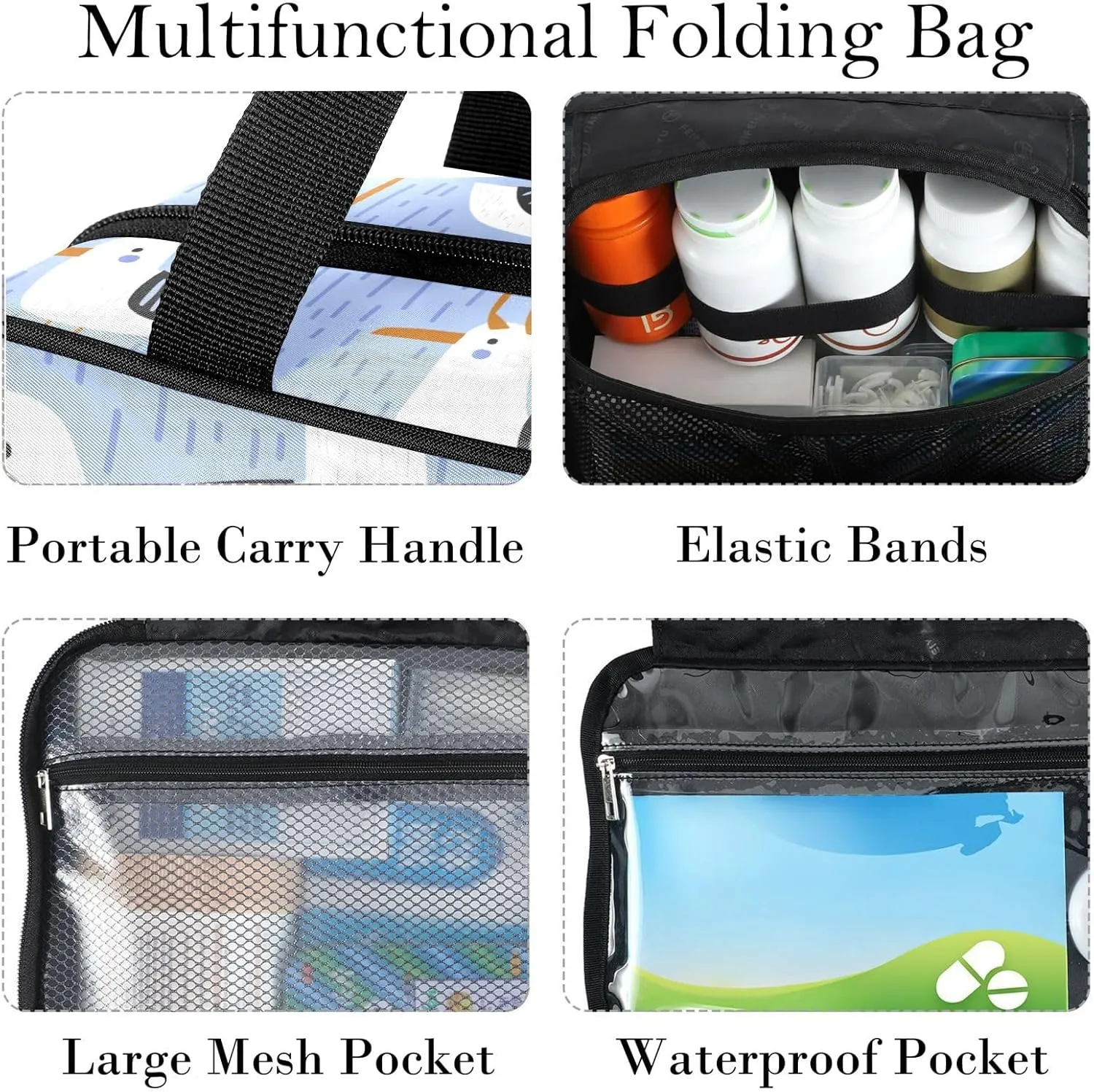 Travel Toiletry Bag for Woman/Men, Hand Drawn Seagull Cute Seabird Hanging Organizer Bag with Pockets Portable Folding Travel Case Bags for Makeup Cosmetic Toiletries Storage Traveling-M