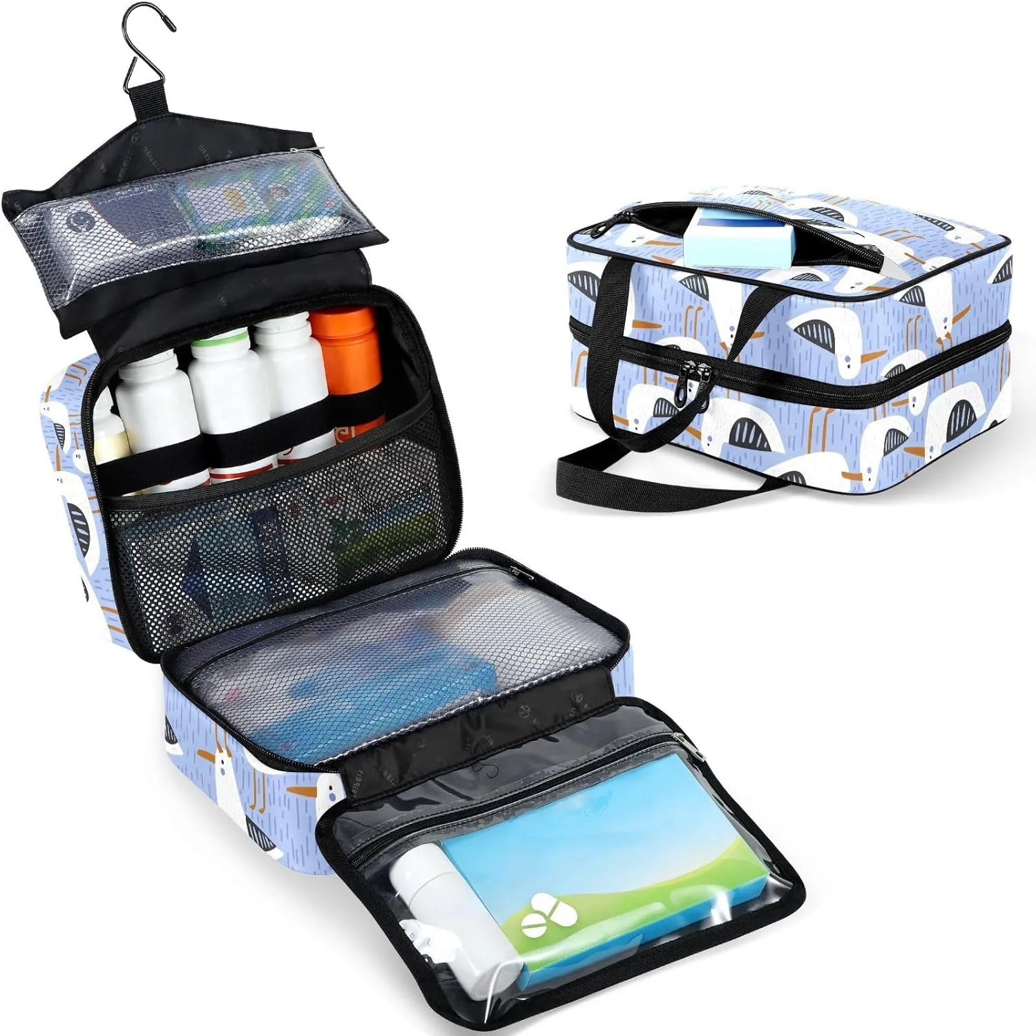 Travel Toiletry Bag for Woman/Men, Hand Drawn Seagull Cute Seabird Hanging Organizer Bag with Pockets Portable Folding Travel Case Bags for Makeup Cosmetic Toiletries Storage Traveling-M