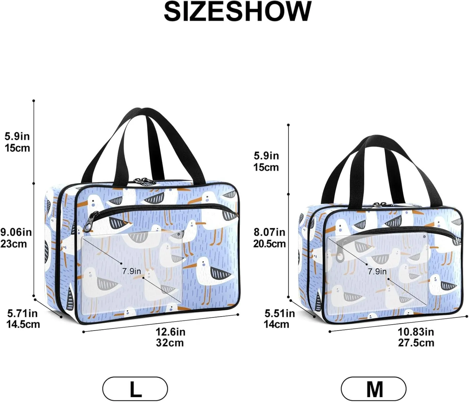 Travel Toiletry Bag for Woman/Men, Hand Drawn Seagull Cute Seabird Hanging Organizer Bag with Pockets Portable Folding Travel Case Bags for Makeup Cosmetic Toiletries Storage Traveling-M