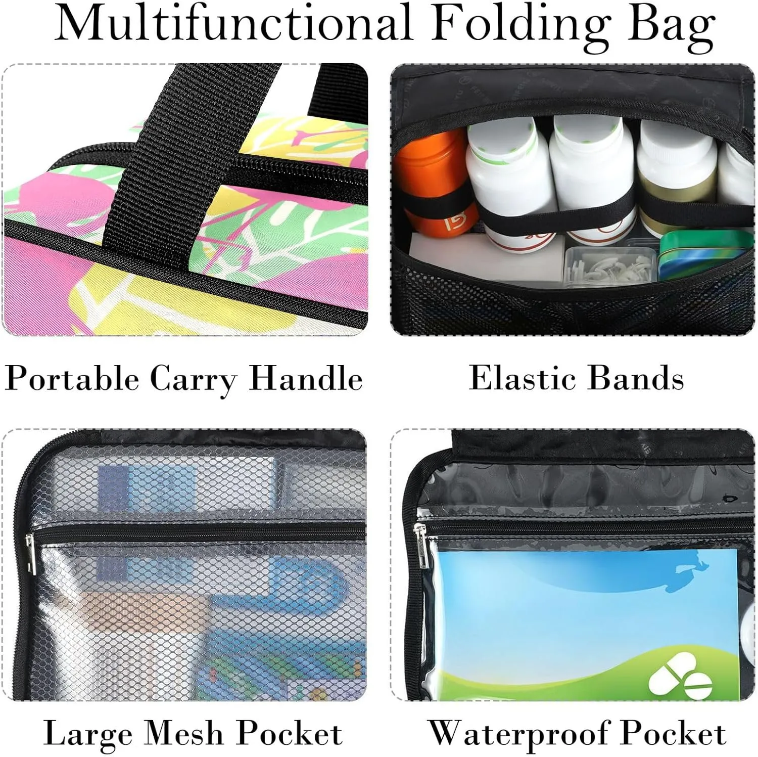 Travel Toiletry Bag for Woman/Men, Pink Flamingo Green Tropical Leafs Hanging Organizer Bag with Pockets Portable Folding Travel Case Bags for Makeup Cosmetic Toiletries Storage Traveling-L