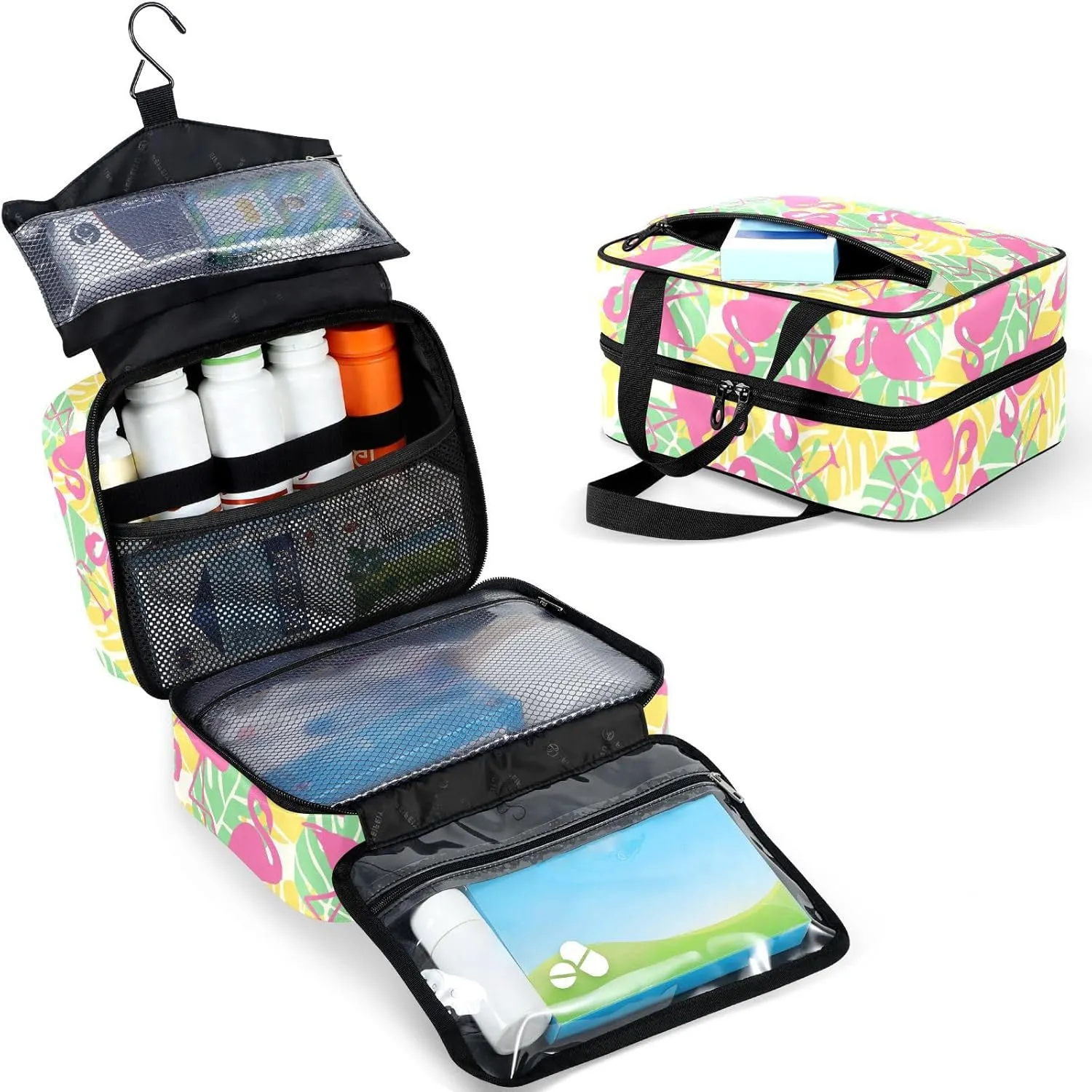Travel Toiletry Bag for Woman/Men, Pink Flamingo Green Tropical Leafs Hanging Organizer Bag with Pockets Portable Folding Travel Case Bags for Makeup Cosmetic Toiletries Storage Traveling-L