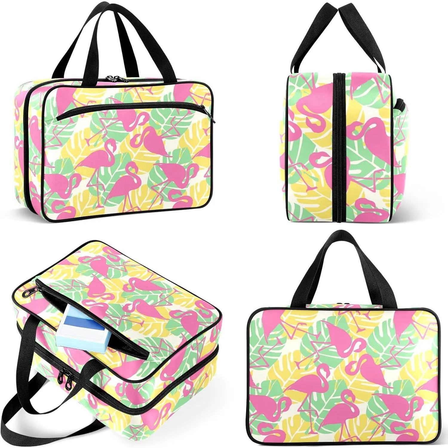 Travel Toiletry Bag for Woman/Men, Pink Flamingo Green Tropical Leafs Hanging Organizer Bag with Pockets Portable Folding Travel Case Bags for Makeup Cosmetic Toiletries Storage Traveling-L