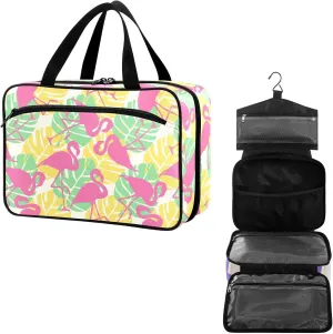 Travel Toiletry Bag for Woman/Men, Pink Flamingo Green Tropical Leafs Hanging Organizer Bag with Pockets Portable Folding Travel Case Bags for Makeup Cosmetic Toiletries Storage Traveling-L