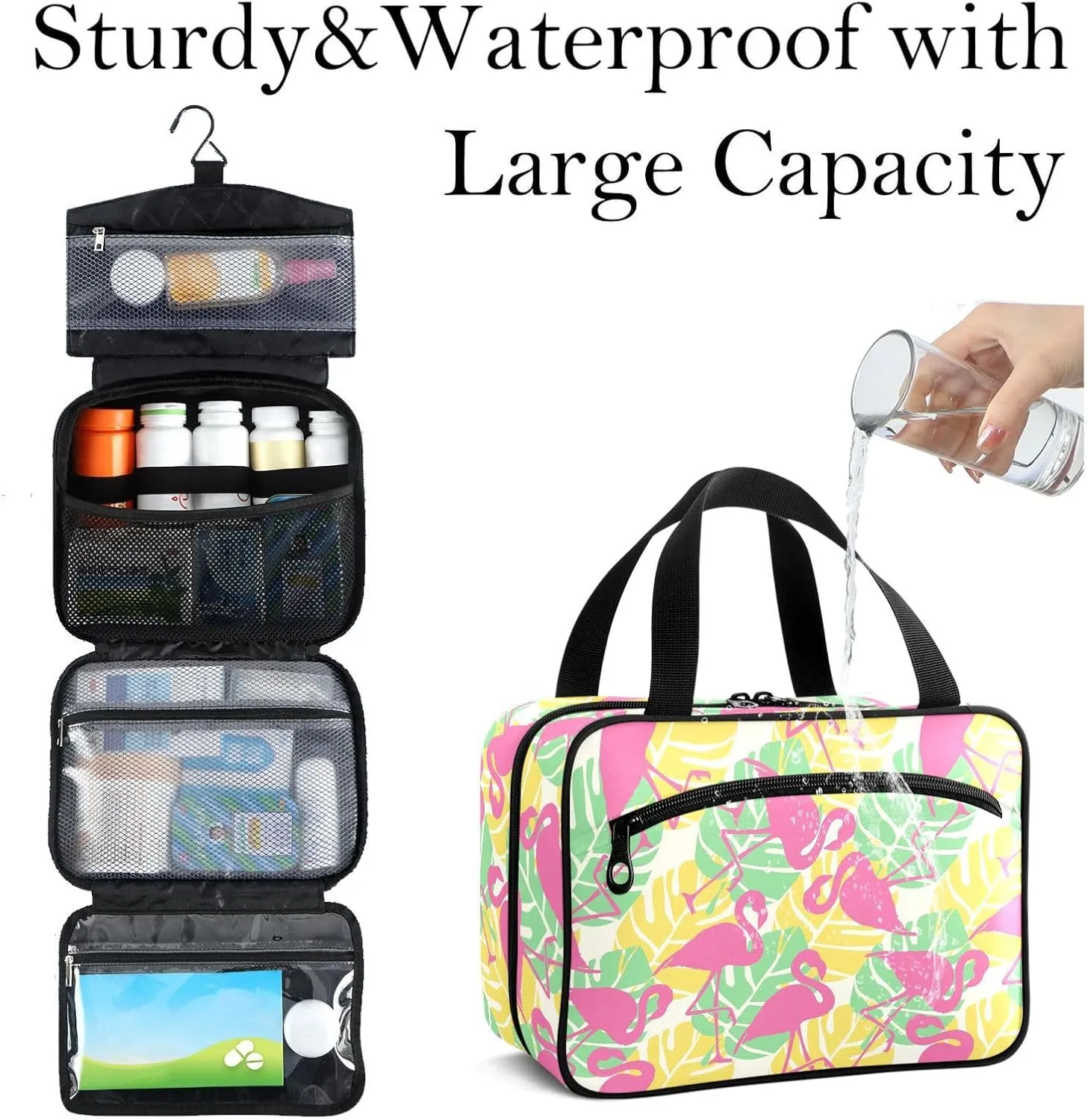 Travel Toiletry Bag for Woman/Men, Pink Flamingo Green Tropical Leafs Hanging Organizer Bag with Pockets Portable Folding Travel Case Bags for Makeup Cosmetic Toiletries Storage Traveling-L