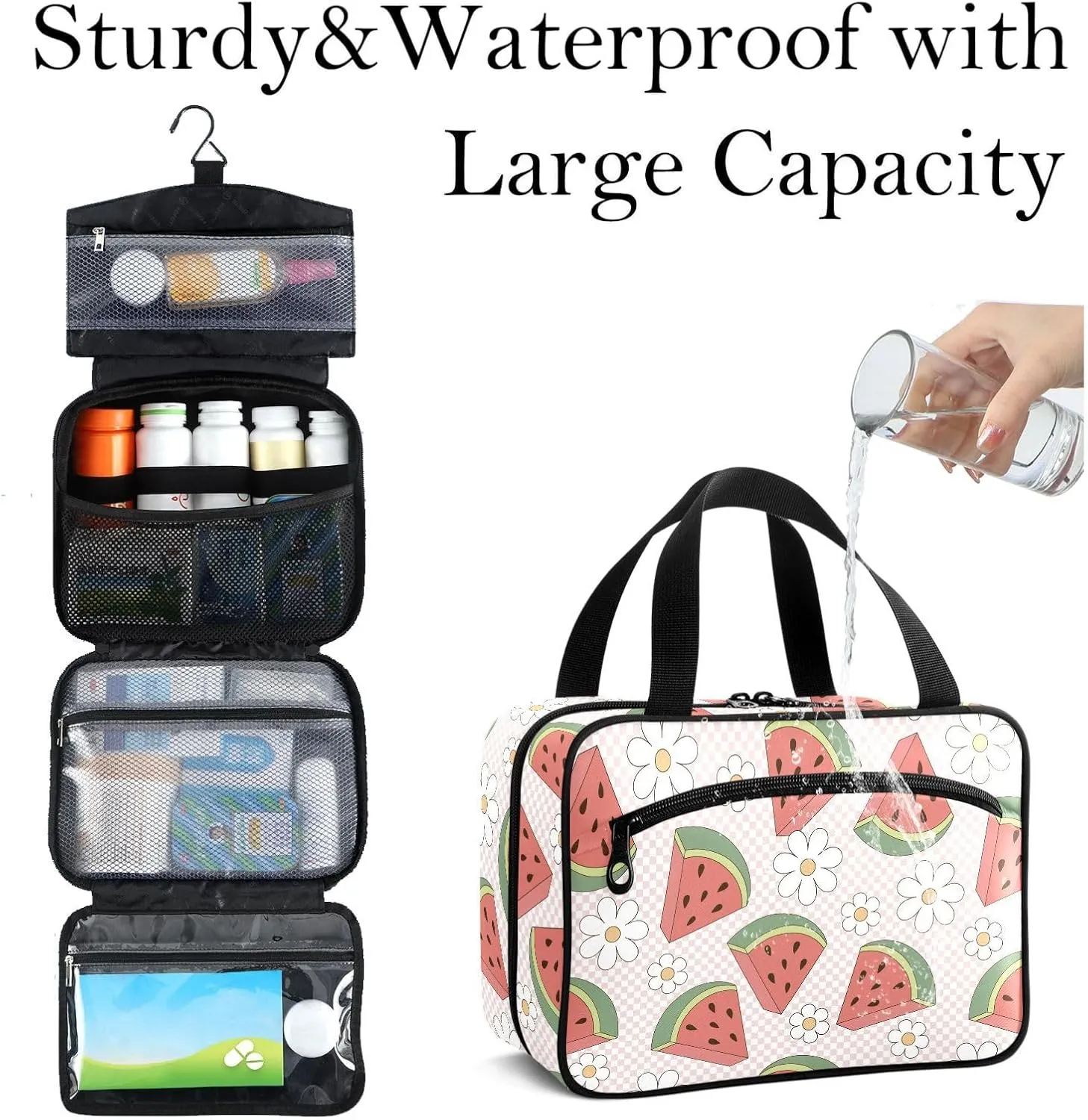 Travel Toiletry Bag for Woman/Men, Watermelon with Daisy Flower Plaid Hanging Organizer Bag with Pockets Portable Folding Travel Case Bags for Makeup Cosmetic Toiletries Storage Traveling-M