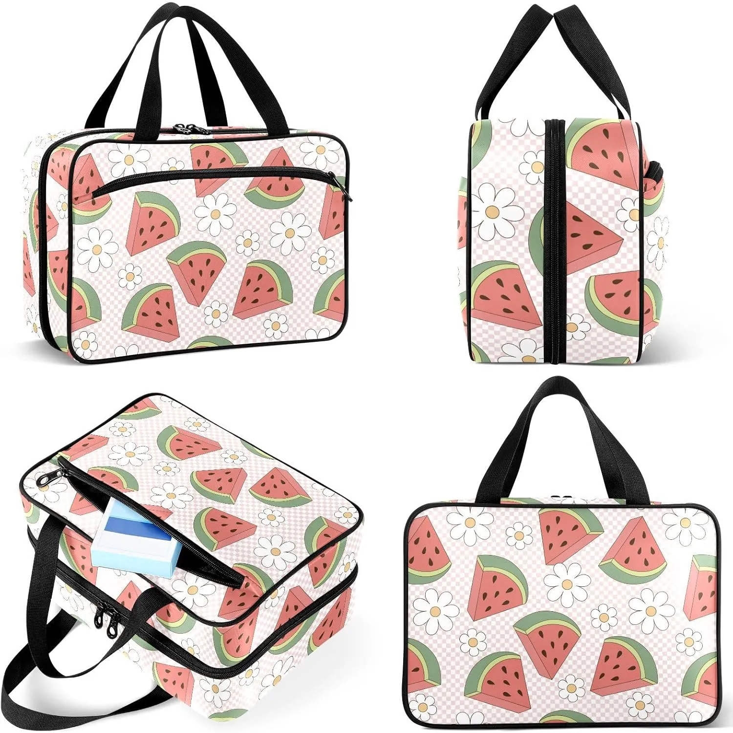 Travel Toiletry Bag for Woman/Men, Watermelon with Daisy Flower Plaid Hanging Organizer Bag with Pockets Portable Folding Travel Case Bags for Makeup Cosmetic Toiletries Storage Traveling-M