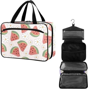 Travel Toiletry Bag for Woman/Men, Watermelon with Daisy Flower Plaid Hanging Organizer Bag with Pockets Portable Folding Travel Case Bags for Makeup Cosmetic Toiletries Storage Traveling-M