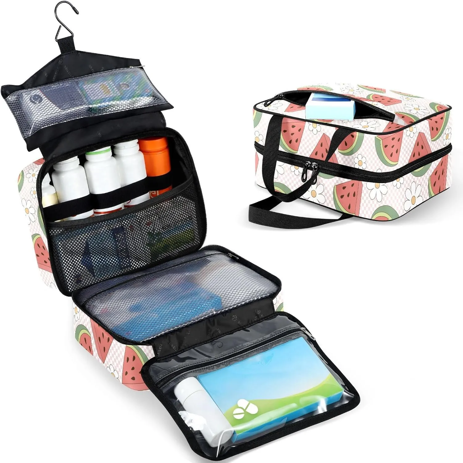 Travel Toiletry Bag for Woman/Men, Watermelon with Daisy Flower Plaid Hanging Organizer Bag with Pockets Portable Folding Travel Case Bags for Makeup Cosmetic Toiletries Storage Traveling-M