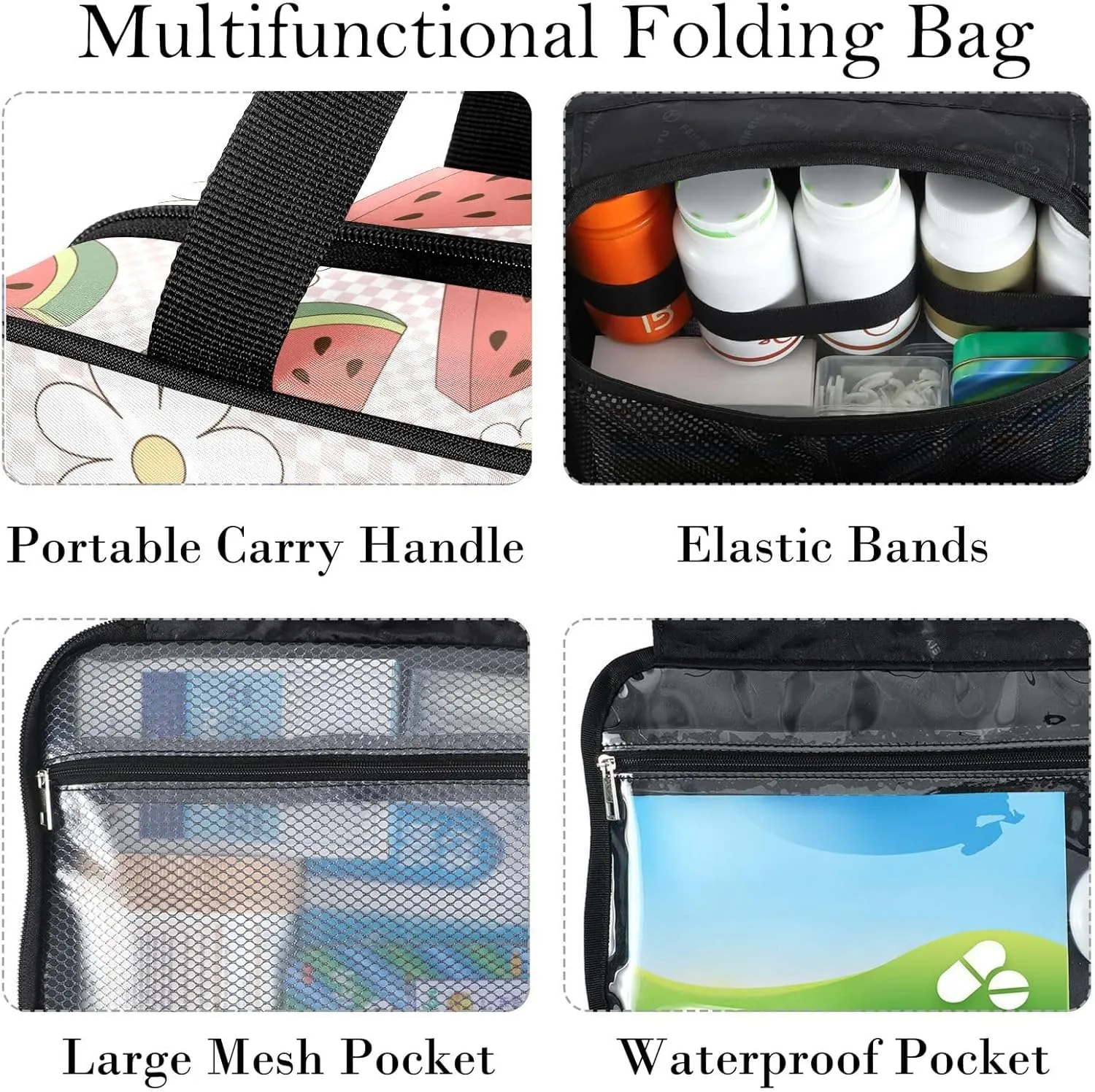 Travel Toiletry Bag for Woman/Men, Watermelon with Daisy Flower Plaid Hanging Organizer Bag with Pockets Portable Folding Travel Case Bags for Makeup Cosmetic Toiletries Storage Traveling-M