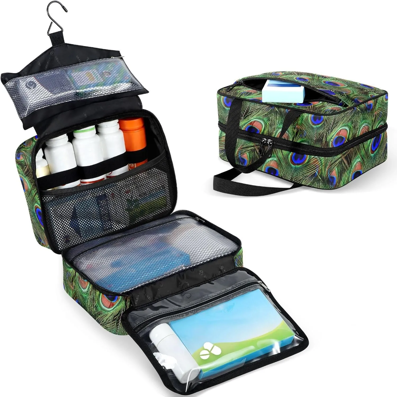 Travel Toiletry Bag for Woman/Men,Beautiful Peacock Feather Blue Green Hanging Organizer Bag with Pockets Portable Folding Travel Case Bags for Makeup Cosmetic Toiletries Storage Traveling-L