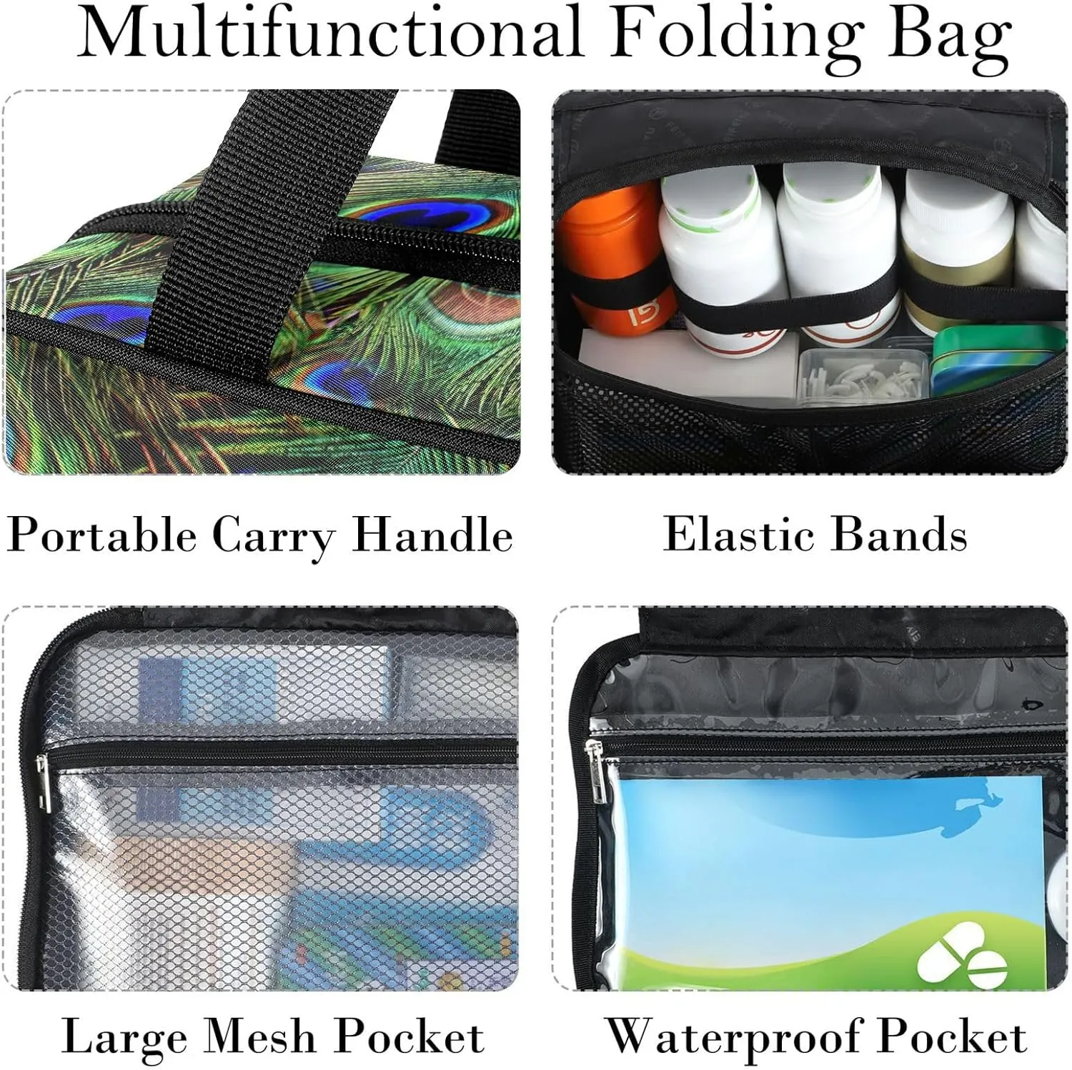Travel Toiletry Bag for Woman/Men,Beautiful Peacock Feather Blue Green Hanging Organizer Bag with Pockets Portable Folding Travel Case Bags for Makeup Cosmetic Toiletries Storage Traveling-L