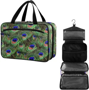 Travel Toiletry Bag for Woman/Men,Beautiful Peacock Feather Blue Green Hanging Organizer Bag with Pockets Portable Folding Travel Case Bags for Makeup Cosmetic Toiletries Storage Traveling-L