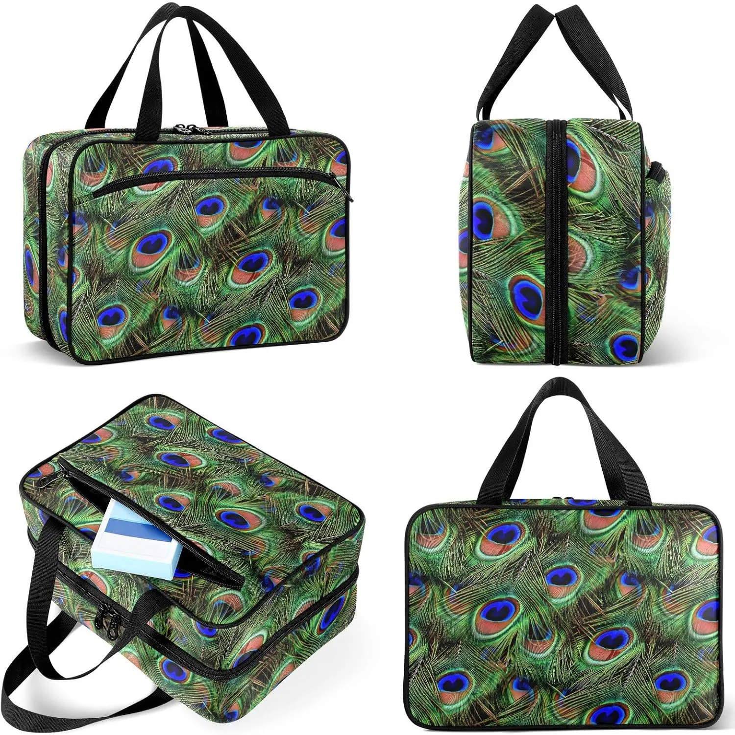 Travel Toiletry Bag for Woman/Men,Beautiful Peacock Feather Blue Green Hanging Organizer Bag with Pockets Portable Folding Travel Case Bags for Makeup Cosmetic Toiletries Storage Traveling-L
